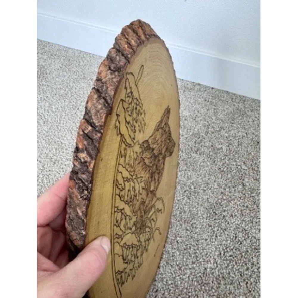Vintage Wood Burned Wolf Art, D. Cherry Signed, Live Edge Wood Slice